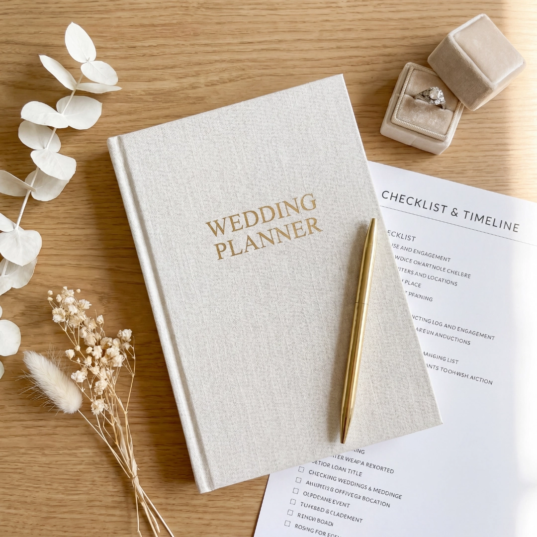 Wedding planning checklist and timeline laid out on a desk